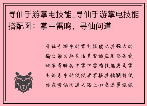 寻仙手游掌电技能_寻仙手游掌电技能搭配图：掌中雷鸣，寻仙问道